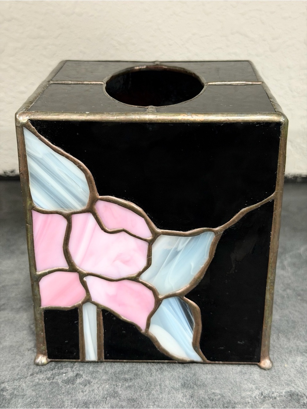 Signed, Dated 1985 Stained Glass Floral Tissue Box Cover - Pink Blue and Black